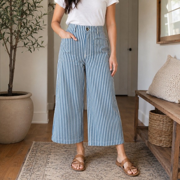 Maeve Pants - Maeve Anthropologie The Colette Blue White Stripe Linen Wide Leg Crop Pants 27